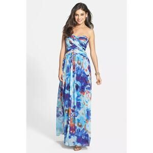 JS Boutique blue floral strapless chiffon gown Size Small Dopamine HOCO Artsy